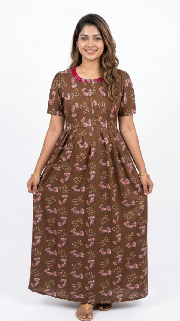 YANIRA Maxi Style SPUN Nighty  | FEEDING Frock Style Nightgown-FRONT ZIP (Brown Charm)